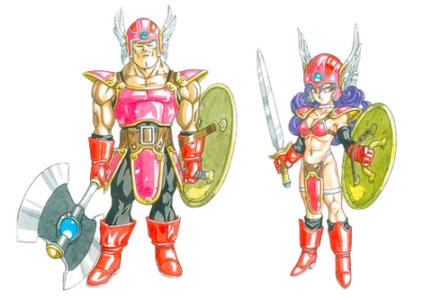 男戦士:強固なフルアーマー、女戦士:裸同然のビキニアーマー